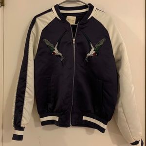 Navy Bomber Jacket with Hummingbirds